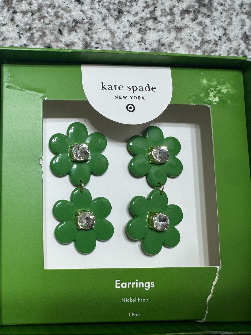 kate spade green enamel floral drop earrings with crystal centers